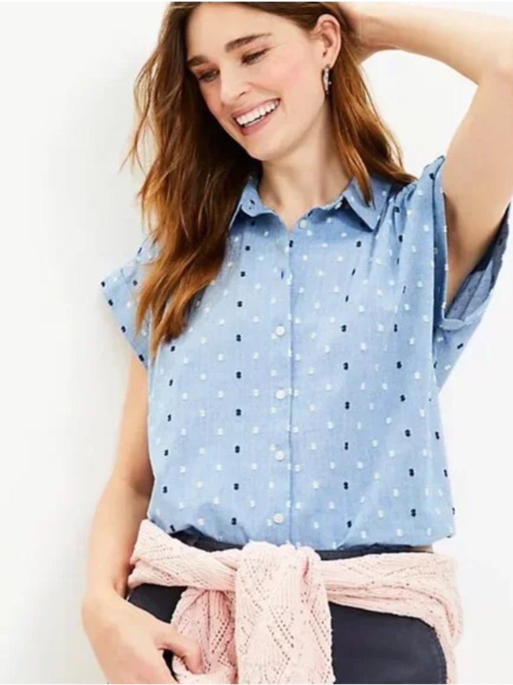 Loft NWT 100% Cotton Scotch Dot Textured Polka Dot Button Front Blouse Medium